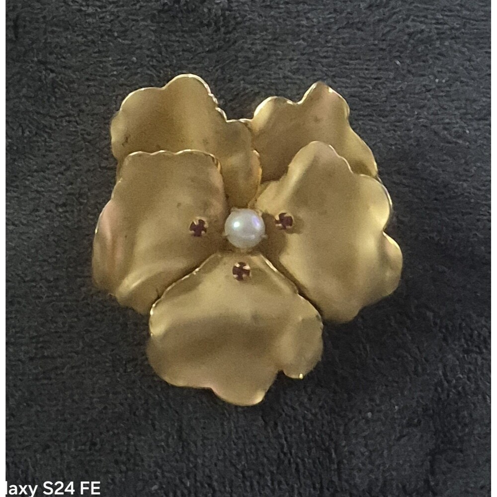 Vtg  Binder Brothers 12K GF Pansy Brooch Pin Pearl & Genuine Rubies Signed BB